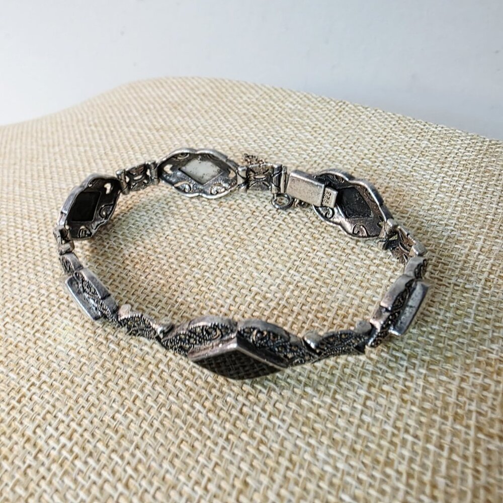 Vtg Abalone Marcasite Sterling Silver 925 Black and White Diamond Link Bracelet - Picture 6 of 6
